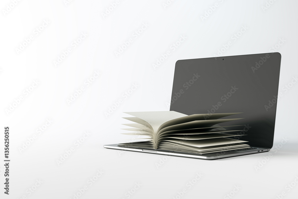 Poster open book transforming into laptop screen on light gradient background. concept of online education,