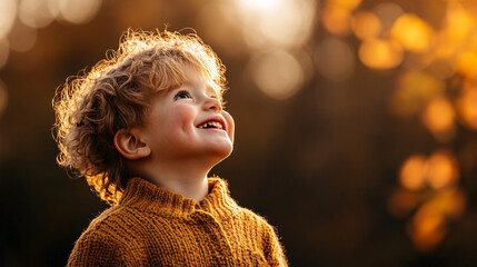 joyful child with curly hair looks up with bright smile, surrounded by warm autumn colors. soft sunlight enhances cheerful atmosphere, creating heartwarming scene