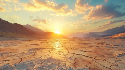 Scorching desert landscape with cracked earth and heat waves rising under a blazing sun