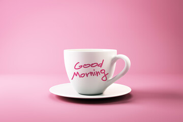 White coffee cup with Good Morning text on pink background. 3D Rendering