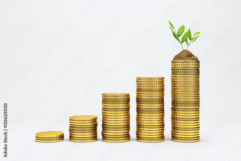 Poster growing stack of gold coins with a plant on top symbolizing financial growth. 3d rendering