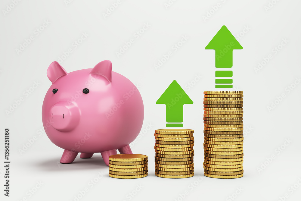 Poster piggy bank with stacked coins and green upward arrows representing financial growth. 3d rendering
