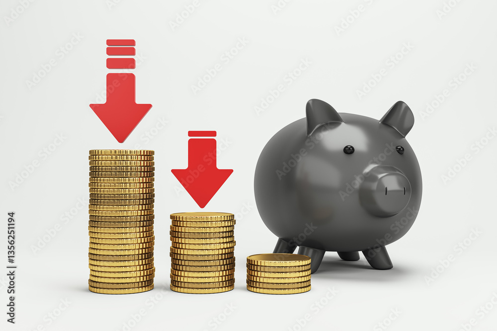 Poster financial crisis concept with falling stacks of gold coins and red downward arrows next to a black p