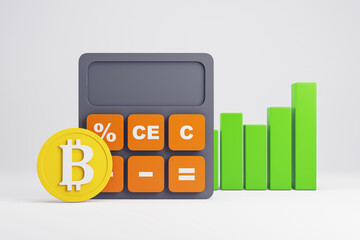 Bitcoin coin, calculator with orange buttons, and green bar chart on white background. Concept of cryptocurrency investment and finance. 3D Rendering