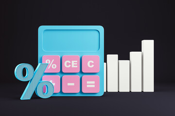 Blue calculator with pink buttons, percentage symbol, and white bar chart on a dark background. Business, finance, and tax concept. 3D Rendering