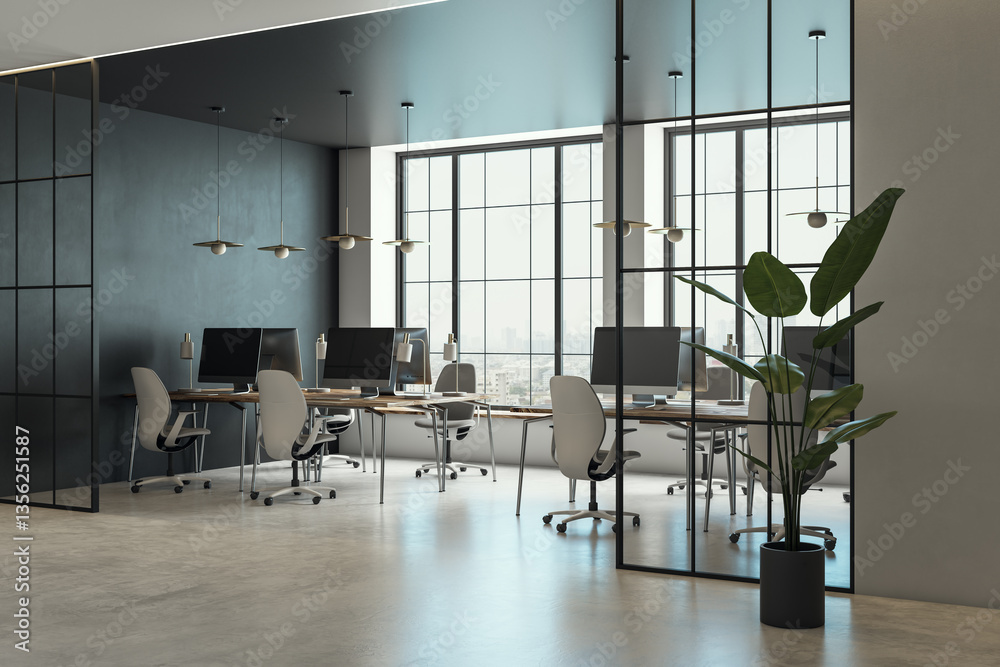 Poster modern office interior with glass partitions and large windows. 3d rendering