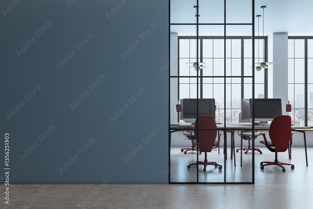 Wall mural modern office interior with glass partition and empty workspace. 3d rendering