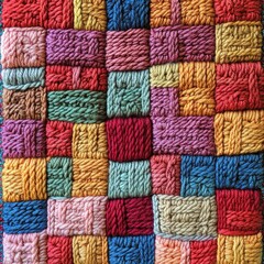Colorful patchwork textile composed of woven yarn squares in vibrant hues and intricate patterns perfect for crafts or home decor projects and artistic displays