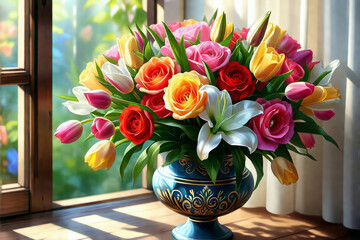 Elegant floral arrangement in warm light at a window with copying space  