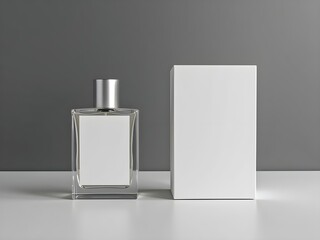 "Elegant White Perfume Bottle and Box Mockup on Gray Gradient Background: Perfect for Branding and Product Design"