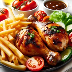 closeup of grilled chicken with french fries on a white background