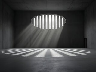 Sunbeams Illuminate Concrete Cell Interior.