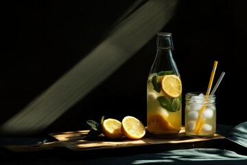 Summer lemonade, sunlit, wooden board, refreshment drink