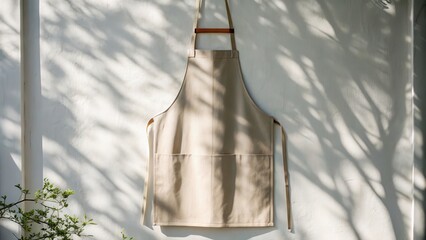 clean apron mockup concept. Apron hanging against a wall with shadows cast by nearby foliage.