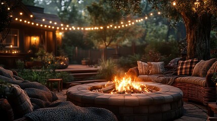 A farmhouse backyard retreat with a circular stone fire pit, woven rattan seating with plush cushions, warm plaid blankets for comfort, twinkling fairy lights hanging above,