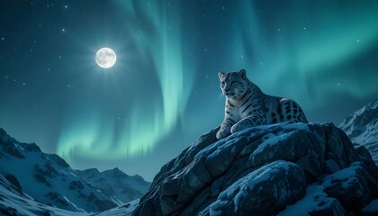 Snow leopard resting under northern lights in winter mountain landscape