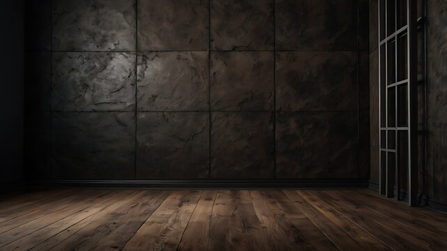 Old dark brown-black background. with walls and floors having textures It has a grunge style design with gray cement, stone and wooden elements.
