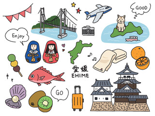 愛媛の手描きイラストセット