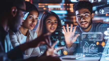 A diverse team of young professionals collaborates on a cutting-edge project, their faces illuminated by the glow of holographic data displays in a dynamic, late-night work session.