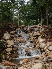 A small cascade flowing down a rocky hill surrounded by trees