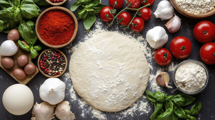 Fototapeta premium Fresh ingredients and pizza dough are arranged beautifully, showcasing vibrant tomatoes, herbs, and spices, evoking sense of culinary creativity