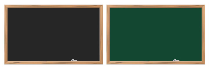 School blackboard. Empty green and black chalkboards with wooden frame and chalk. Back to school horizontal background. Cartoon vector illustrations set. © backup_studio