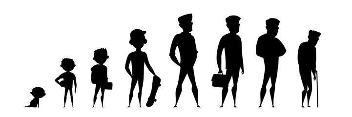 Man life cycle. Black silhouettes of male characters in various life stages. Infancy, childhood, maturity and senility. Baby, teenager, adult and senior. Flat vector illustrations set.