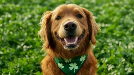 Obraz premium Golden Retriever Dog Wearing Shamrock Bandana in Green Field