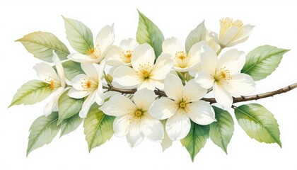 Obraz premium Blooming White Flowers on Branch with Green Leaves Isolated Artwork