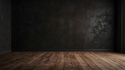 Old dark brown-black background. with walls and floors having textures It has a grunge style design with gray cement, stone and wooden elements.
