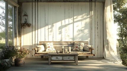 A quaint vintage farmhouse porch, a worn wooden swing with floral cushions, a weathered coffee table holding antique candleholders, warm afternoon light illuminating the distressed white walls,