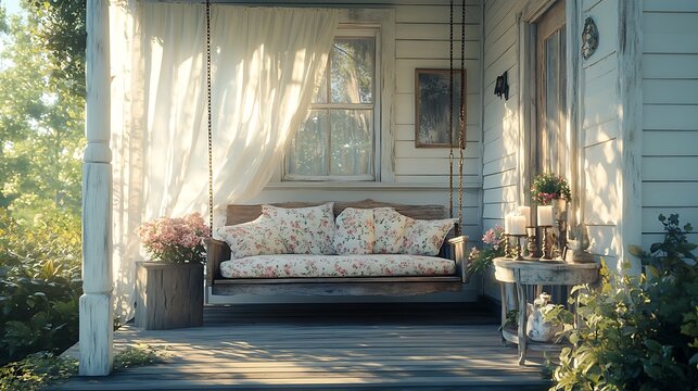 A quaint vintage farmhouse porch, a worn wooden swing with floral cushions, a weathered coffee table holding antique candleholders, warm afternoon light illuminating the distressed white walls,