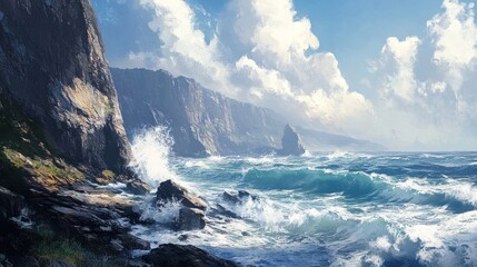 Fototapeta premium Coastal Majesty, Cliffs and Crashing Waves under a Cloudy Azure Sky