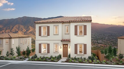 Fototapeta premium Two-story house, mountain view, sunset.