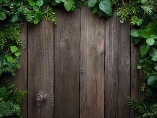 Wooden background framed with fresh green foliage and herbs.