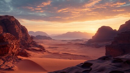 Fototapeta premium Crimson Desert Landscape under a Fiery Sky, Unveiling Majestic Rock Formations