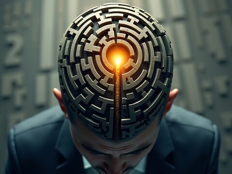 Side profile of a man with a maze-like brain structure illuminated by a glowing core, symbolizing complex thought processes, intelligence, and problem-solving in a conceptual futuristic setting
 - Powered by Adobe