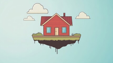 Obraz premium A cartoon illustration shows a house on a floating land mass