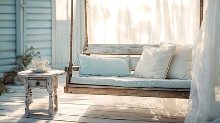 A rustic wooden porch swing on a sunlit farmhouse patio, soft pastel-colored cushions, a distressed wooden side table with a vintage ceramic teacup, sheer white curtains gently swaying in the breeze,