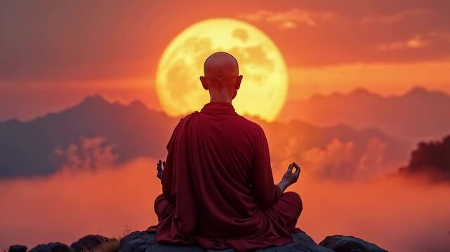 Buddhist monk meditating on the mountain at dawn. Spiritual contemplation with breathtaking scenery. Concept of Buddhism, prayer, zen, spiritual enlightenment, religion.