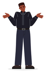 Young man in business clothes spreads hand shrugging shoulders looking puzzled. The gesture is oops, sorry or I dont know. Flat vector illustration isolated on white background.