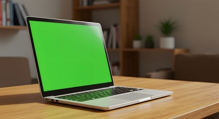 Modern Laptop on a Wooden Desk with Green Screen
