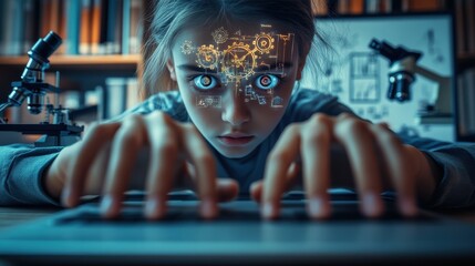 A determined young girl, her eyes glowing with futuristic schematics, intensely focuses on a digital task, illuminated by cool blue light in a dimly lit study.