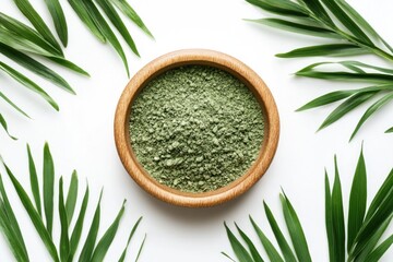 Neem Leaf Powder. Fresh Green Neem Leaves and Powder in Wooden Bowl, Isolated on White Background