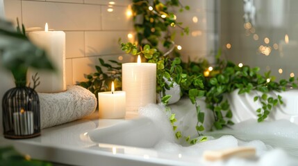 A bathroom with foam and burning candles and green plants, an atmosphere of calm and relaxation. Body care.