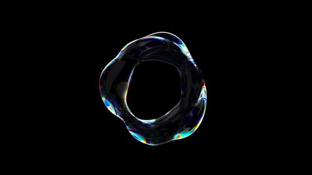 Transparent multicolored liquid moving shape with iridescent effect. Abstract fluid distorted torus. 3d render 4K loop animation, alpha channel.