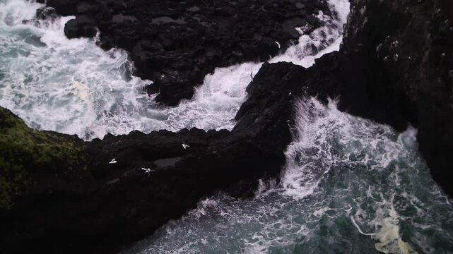 Aerial View of Ocean Waves Crashing on Icelandic Coastline