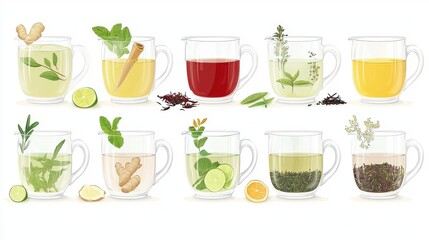 Assortment of Colorful Herbal and Fruit Infused Drinks in Transparent Glassware  Various healthy and refreshing beverage options with fresh ingredients like lemon lime ginger