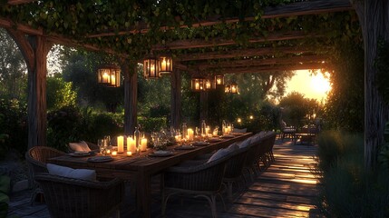 Obraz premium A stylish rustic pergola setup, featuring a long reclaimed wood dining table, flickering candles in glass lanterns, rattan chairs with soft linen cushions,