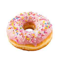 A delicious donut covered in pink frosting and colorful sprinkles Perfect sweet treat on transparent background! Yummy delight!